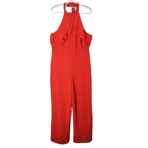 BEBE Jumpsuit XL Ruffle Halter Neck Red‎ Wide Leg Stretch Open Back Tie Waist